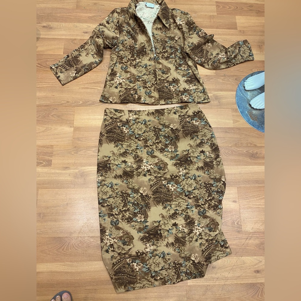Fall 2pc Zip Up Lightweight Jacket & Long Skirt Printed Made In Canada Sz 17/18